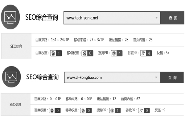 兩家網(wǎng)站的SEO搜索結(jié)果